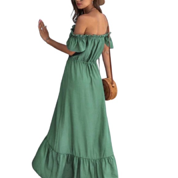 ANNA-KACI Frilled Ruffle Off The Shoulder Sage Green Maxi Dress. Sz: Medium - Picture 2 of 16